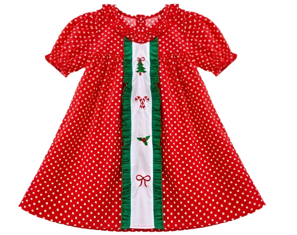 Christmas red dress polka dot - embroidery