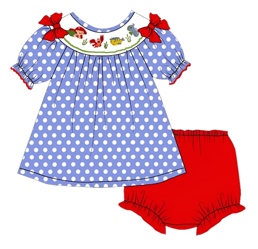 Preorder 25 - ETA March - Mermaid Polka Dot Collection - machine Smocked Bloomer Set