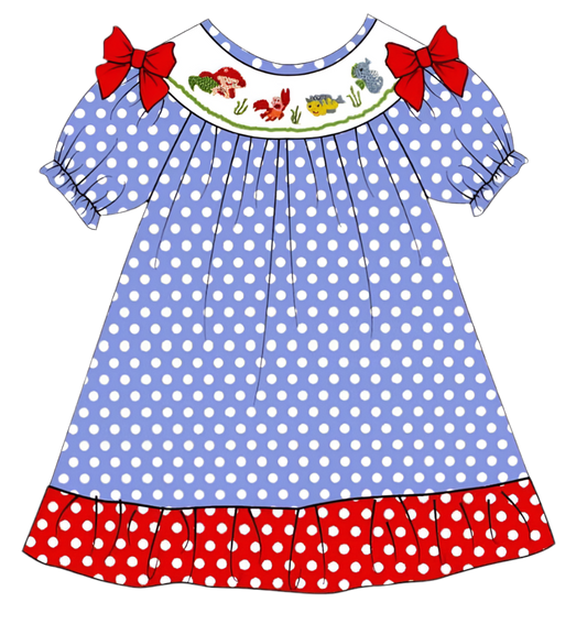 Preorder 25 - ETA March - Mermaid Polka Dot Collection - machine Smocked Dress