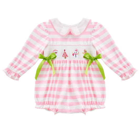 Pink Christmas Striped Smocked Bubble