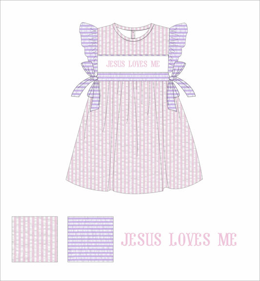 Preorder 25 - ETA March - Jesus Loves Me Seersucker - Hand Smocked Dress